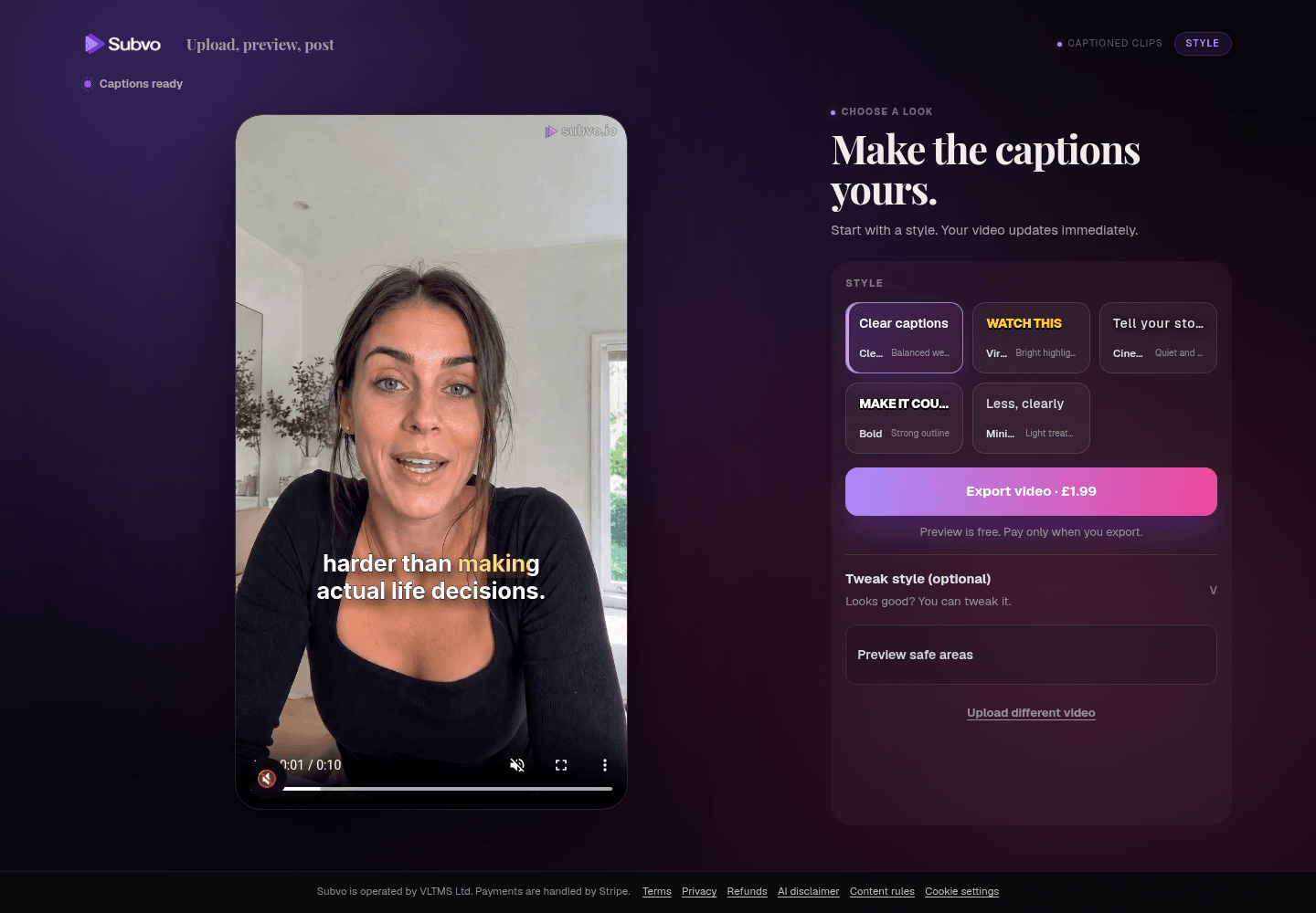 Subvo style screen showing a captioned vertical video beside the current style choices