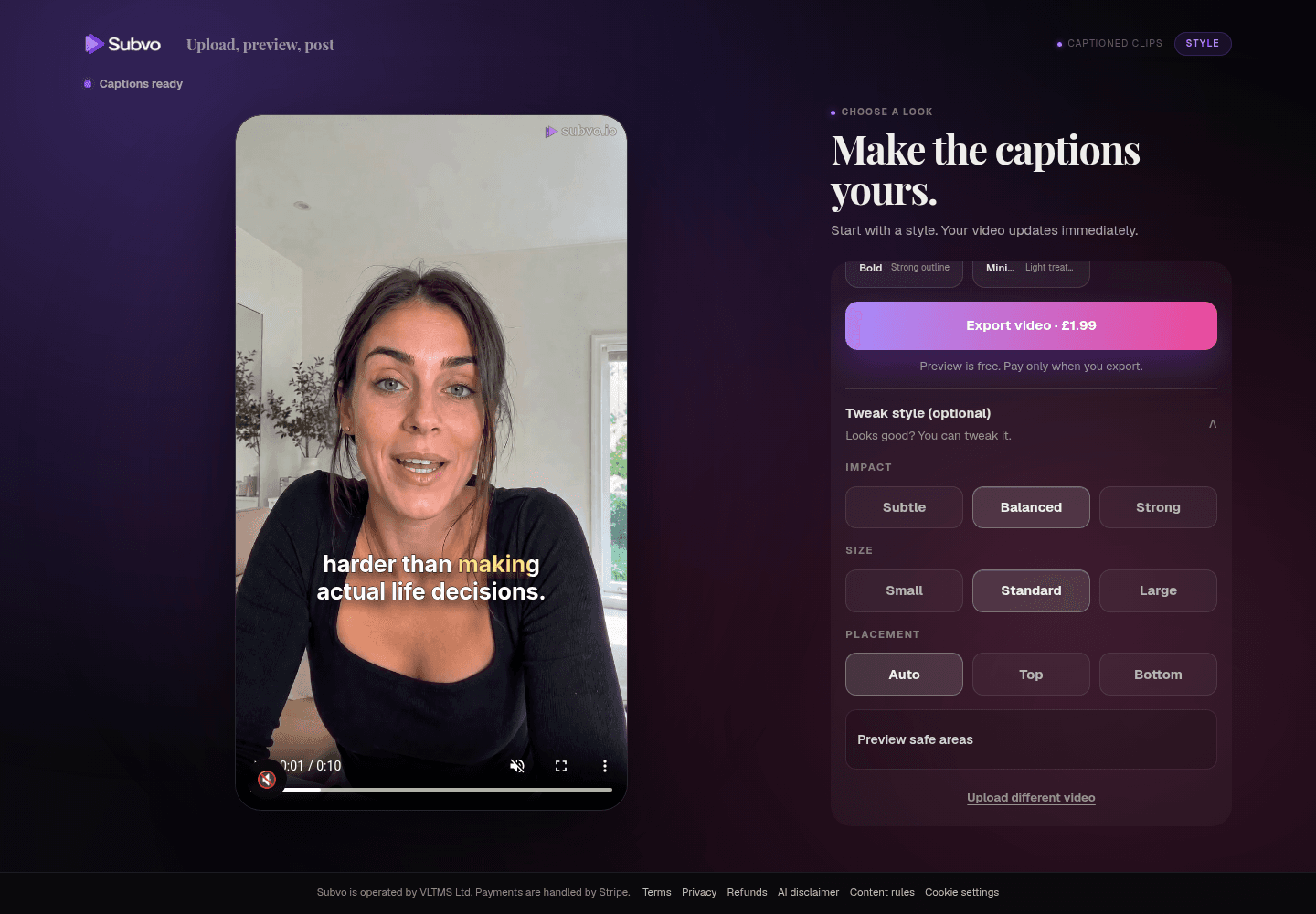 Subvo caption style controls for impact, size and Auto, Top or Bottom placement