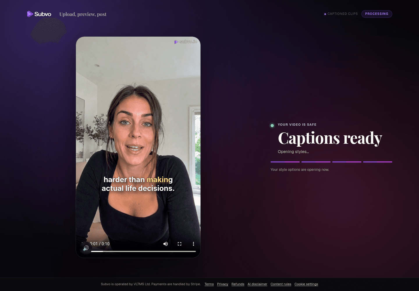 Subvo browser preview showing captions rendered over a vertical demo video before checkout
