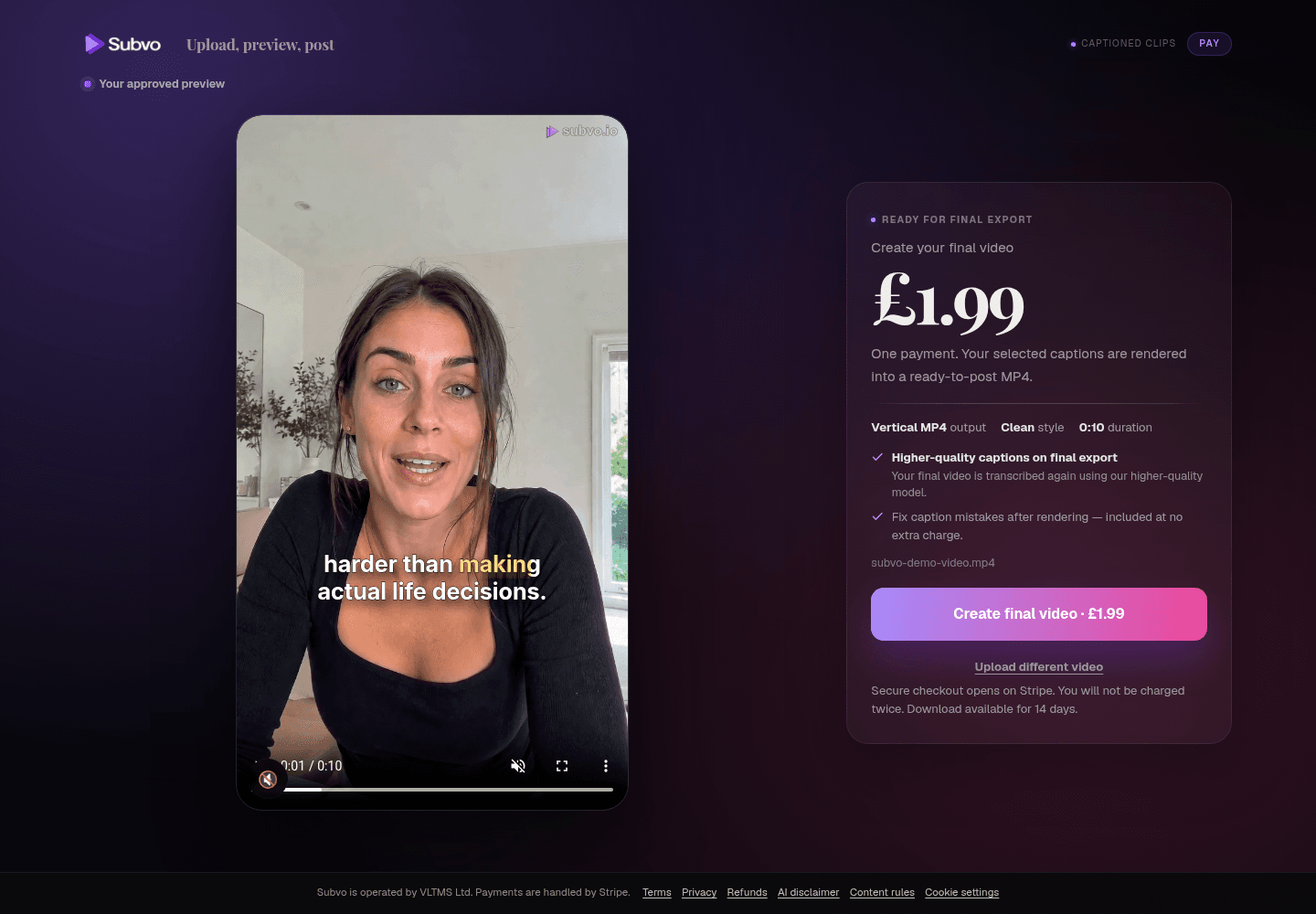 Subvo final export review showing the £1.99 one-off payment and captioned video preview