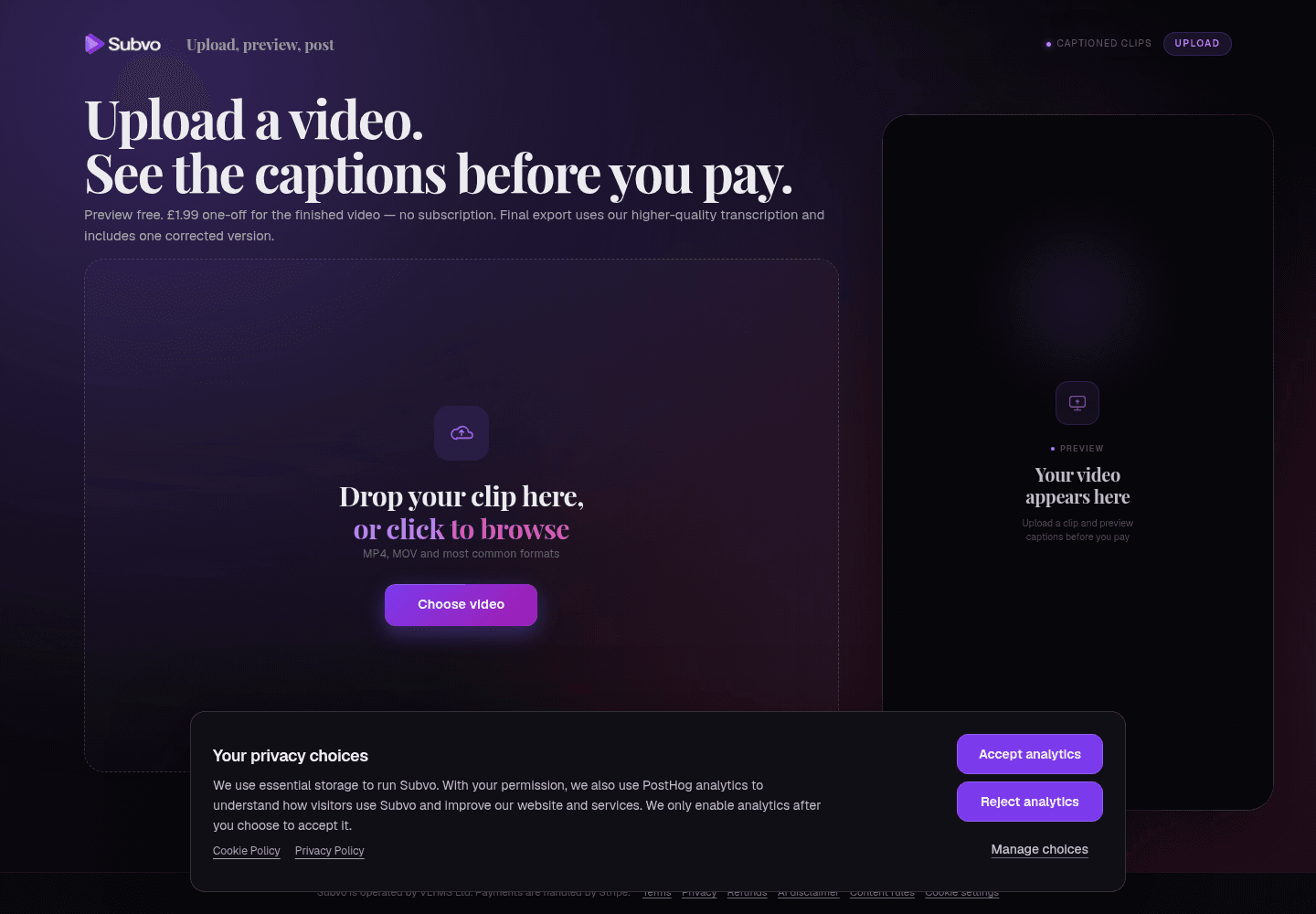 Subvo upload page with controls to accept, reject or manage optional analytics