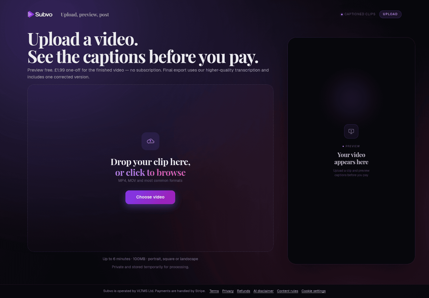 Subvo upload screen with a video chooser and the £1.99 one-off export price